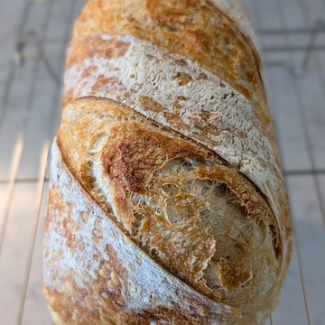 A beautifully baked sourdough loaf with an airy interior peeking through two perfect slits in the golden crust.
